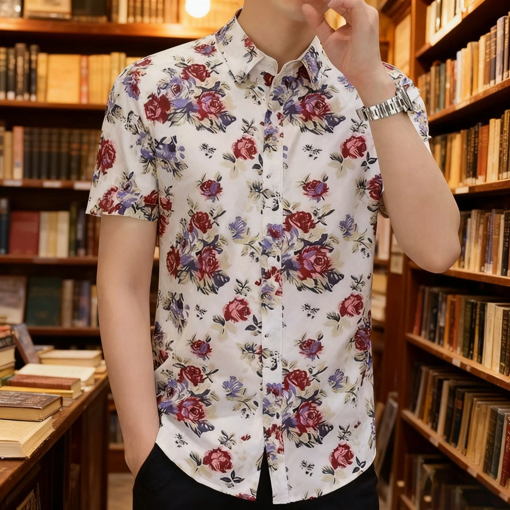 เสื้อเชิ้ตผู้ชายลายดอกแขนสั้น สไตล์วินเทจ