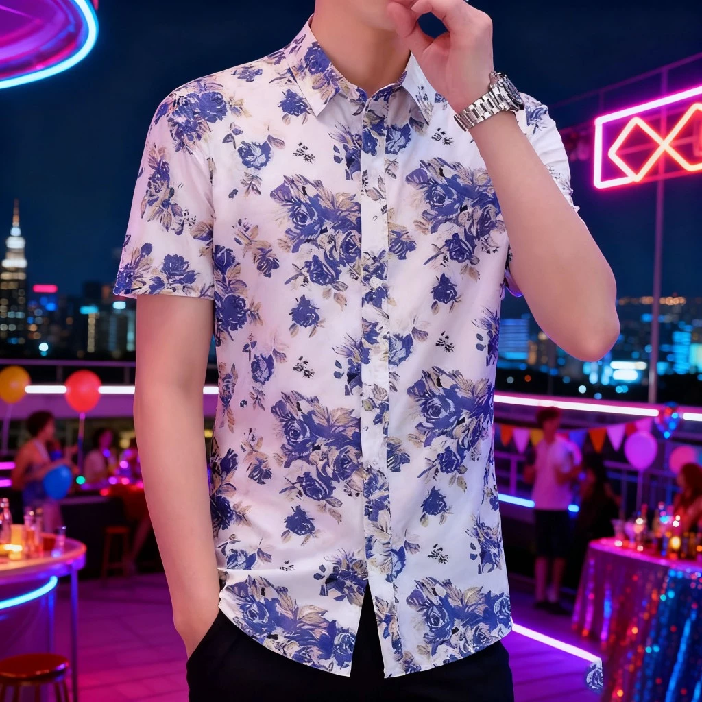 เสื้อเชิ้ตผู้ชายลายดอกแขนสั้น สไตล์วินเทจ thumbnail 8