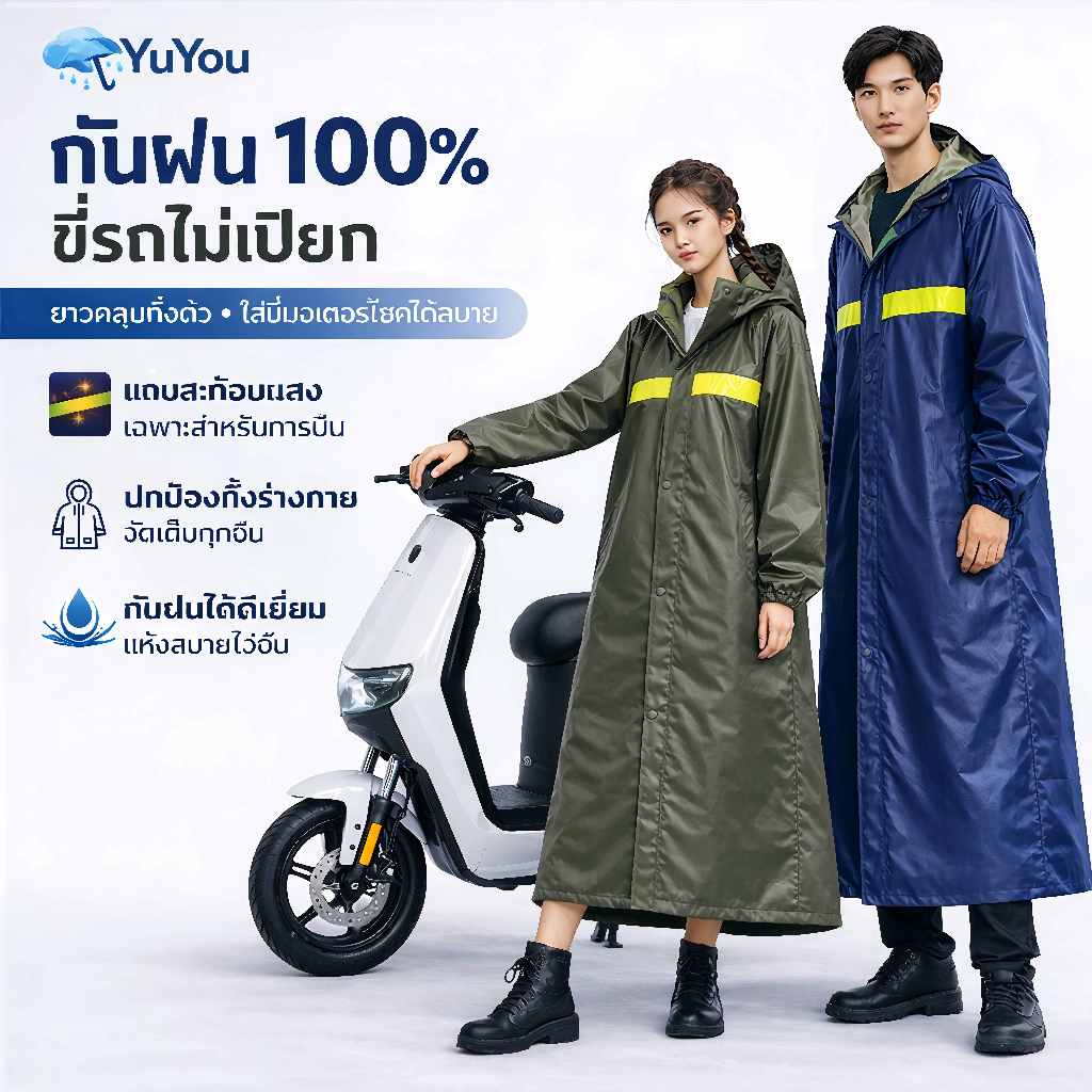 เสื้อกันฝน กันน้ำ100% ปีกหมวกคู๋HD ดีไซน์รุ่นยาว พร้อมแถบสะท้อนแสง เหมาะขับขี่มอไซค์จักรยาน เสื้อกันฝนผู้ใหญ่