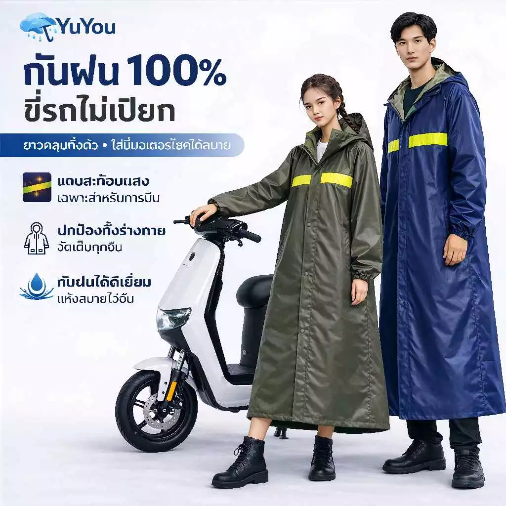 เสื้อกันฝน กันน้ำ100% ปีกหมวกคู๋HD ดีไซน์รุ่นยาว พร้อมแถบสะท้อนแสง เหมาะขับขี่มอไซค์จักรยาน เสื้อกันฝนผู้ใหญ่