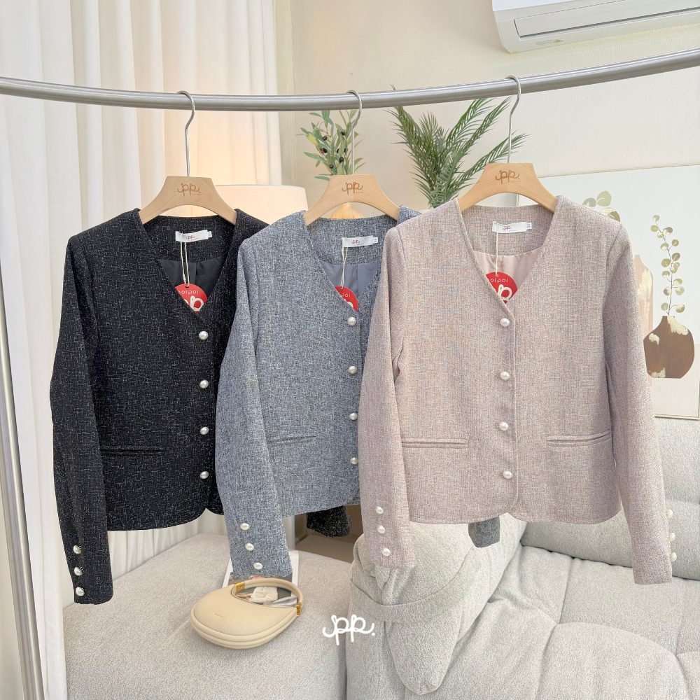 POI เสื้อแขนยาวคอวีผ้าทวิตกระดุมมุก ใส่ทำงาน ออกงาน C004C7