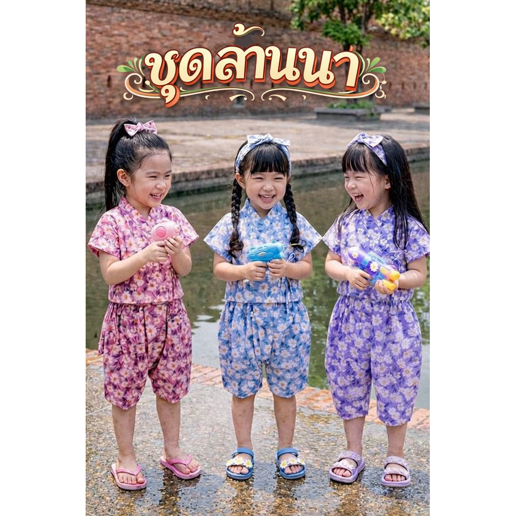สั่งวันนี้รอบส่งพรุ่งนี้ ชุดไทยเด็กหญิงสไตล์ล้านนา ลายดอกไม้ เสื้อ+โจง+คาดผม (รหัสFL)