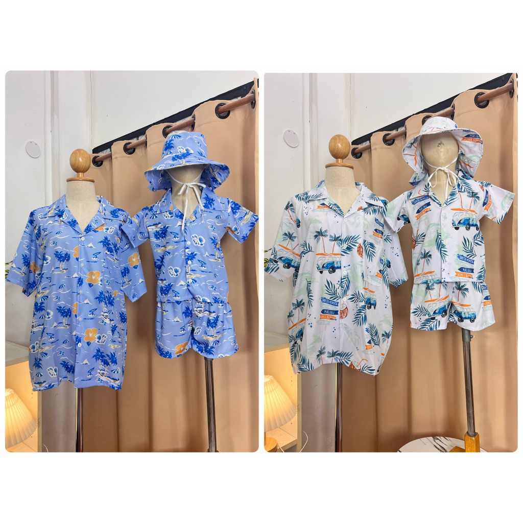 ชุดฮาวายครอบครัว ชุดเด็ก+พร้อมหมวก, เสื้อผู้ใหญ่ งานผ้าไหมอิตาลี