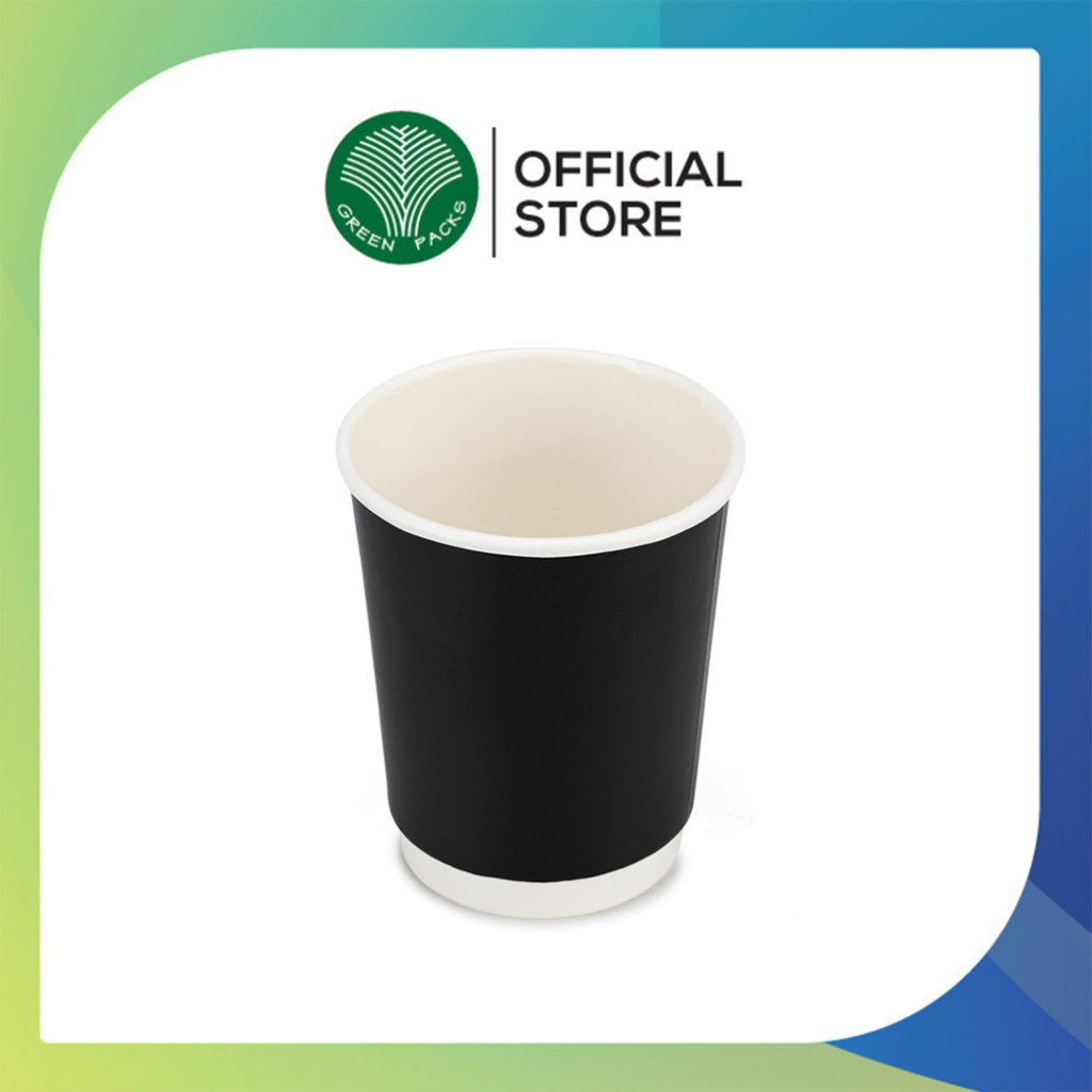 [แพ็ค25ใบ] แก้วกาแฟร้อนสองชั้น แก้วกระดาษ 8 ออนซ์ DW. สีดำ ปาก 80mm. แก้วกระดาษ Double Wall (ไม่รวมฝา) Greenpacks