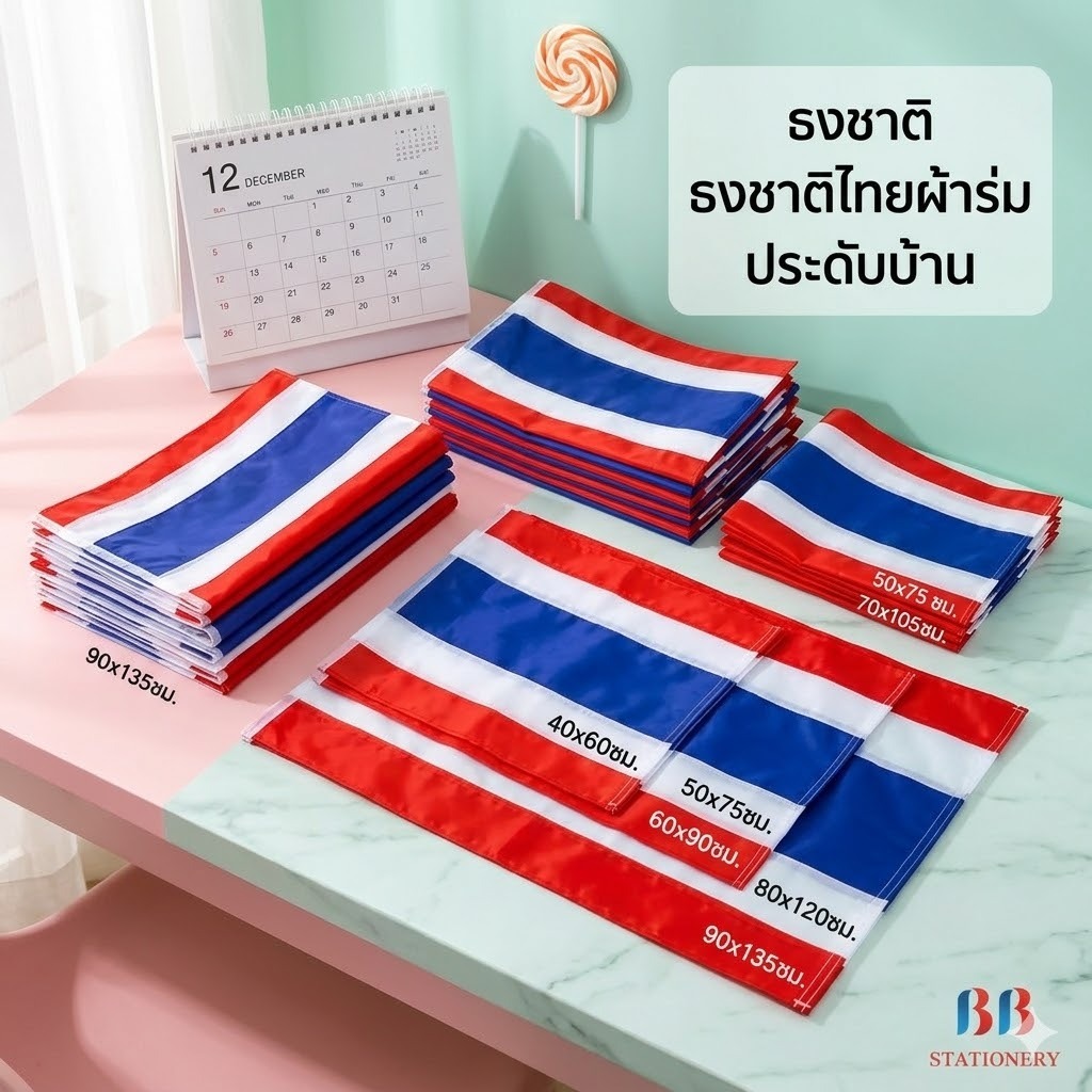 ธง ธงชาติ ธงชาติไทยผ้าร่ม ประดับบ้าน 40x60ซม. 50x75ซม. 60x90ซม. 70x105ซม. 80x120ซม. 90x135ซม.