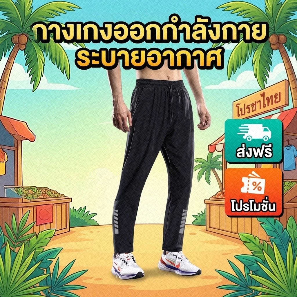 กางเกงกีฬาผู้ชาย รุ่นบาง ขายาว ผ้าไหมเย็นระบายความชื้นได้ดี หลวม เหมาะสำหรับออกกำลังกายและวิ่ง กางเกงทรงตรง ระบายอากาศได