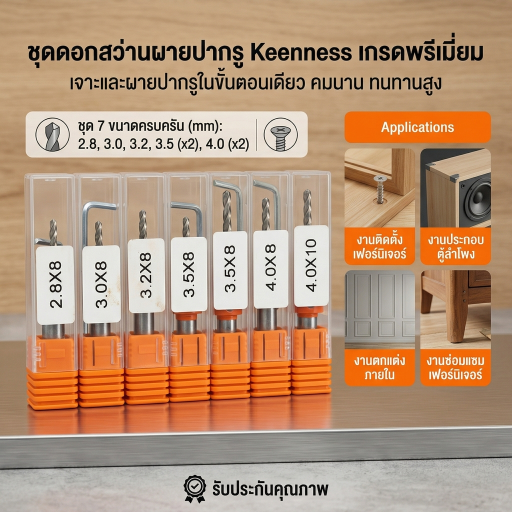 ชุดดอกสว่านเจาะผาย 7 ขนาด (2.8-4.0mm) เหล็ก HSS แท้ เจาะนำฝังหัวสกรู งานไม้ อะคริลิก พร้อมประแจ
