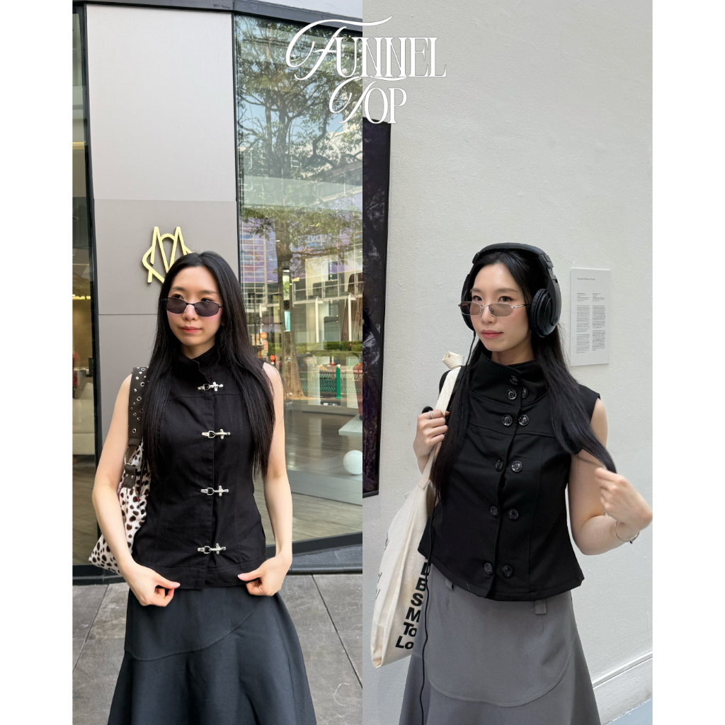 UIUI | FUNNEL TOP เสื้อแขนกุดคอตั้ง กระดุม/กระดุมตะขอเหล็ก