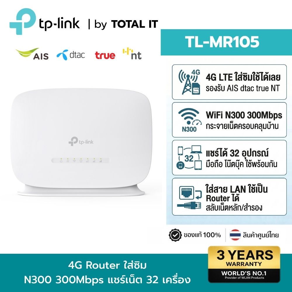 TP-Link TL-MR105 เราเตอร์ 4G ใส่ซิม รองรับทุกเครือข่าย AIS True Dtac แชร์ Wi-Fi