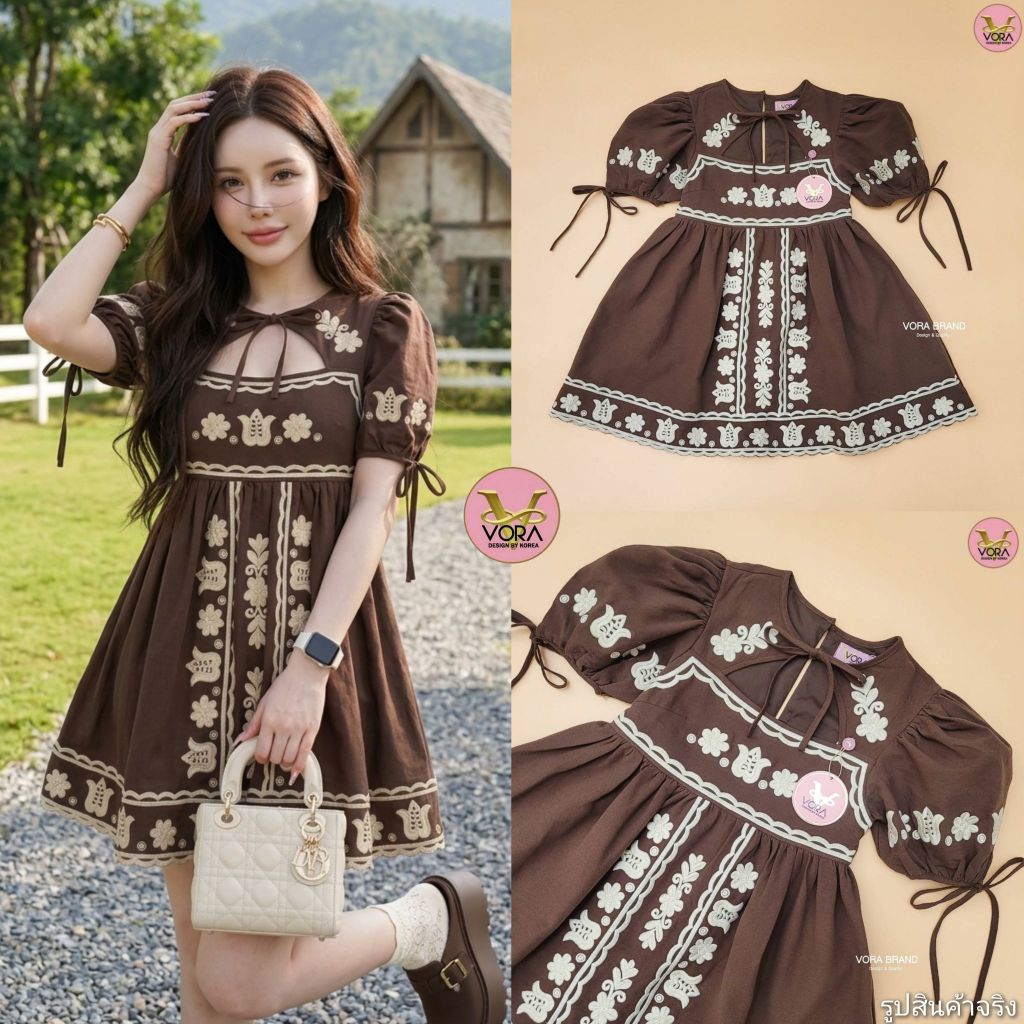 เช็คสินค้าก่อนสั่งซื้อ สั่งแล้วห้ามยกเลิกน๊าค๊า VORA Dress สั้นแขนพองผูกโบว์ช่วงแขน.3