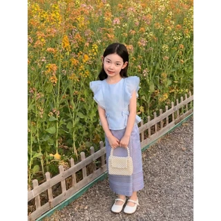 B042 ชุดไทยแม่ลูก เสื้อออแกนดี้ ฟ้าใสแขนผีเสื้อ งานแต่ง สีฟ้า แม่ลูก