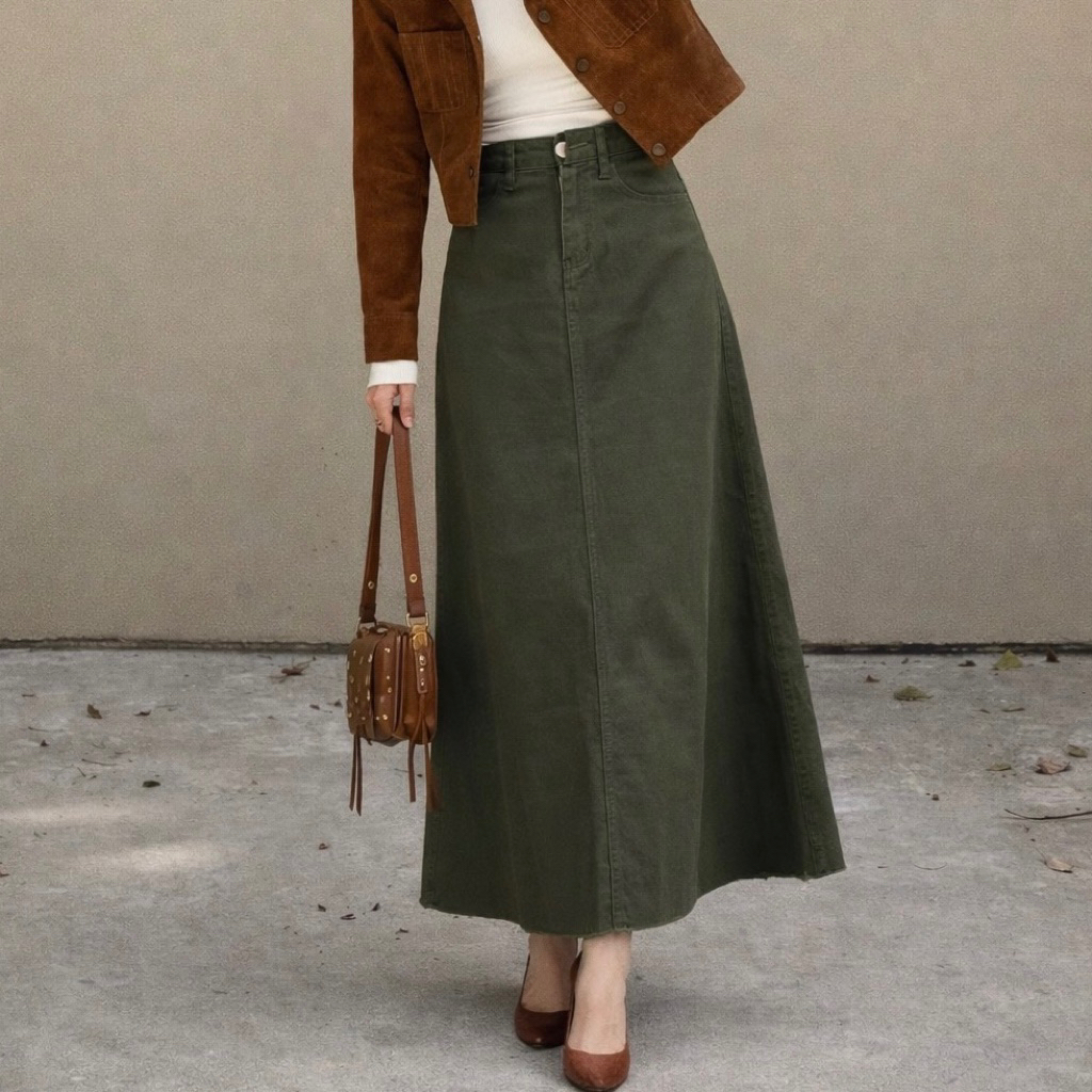 V012 กระโปรงยีนส์สีเขียวโอลีฟ เอวสูง ทรงสวยเก็บหุ่น ใส่ได้ทุกลุค Olive Green Denim Skirt