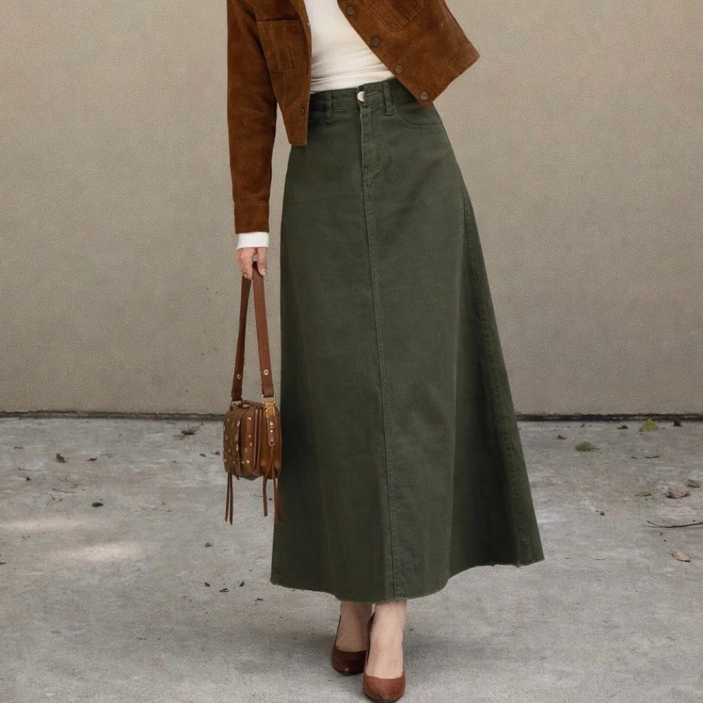V012 กระโปรงยีนส์สีเขียวโอลีฟ เอวสูง ทรงสวยเก็บหุ่น ใส่ได้ทุกลุค Olive Green Denim Skirt