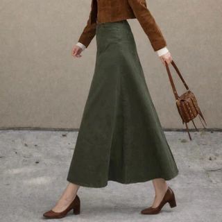 V012 กระโปรงยีนส์สีเขียวโอลีฟ เอวสูง ทรงสวยเก็บหุ่น ใส่ได้ทุกลุค Olive Green Denim Skirt