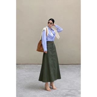 V012 กระโปรงยีนส์สีเขียวโอลีฟ เอวสูง ทรงสวยเก็บหุ่น ใส่ได้ทุกลุค Olive Green Denim Skirt