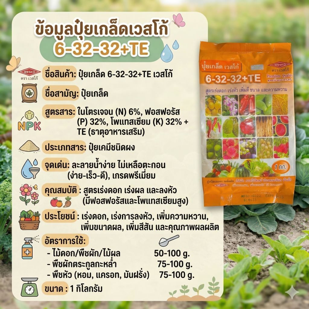 เวสโก้ : 6-32-32+TE ปุ๋ยเกล็ด+มีธาตุเสริม เร่งติดดอก เร่งหัว เพิ่มสีขยายผล และความหวาน