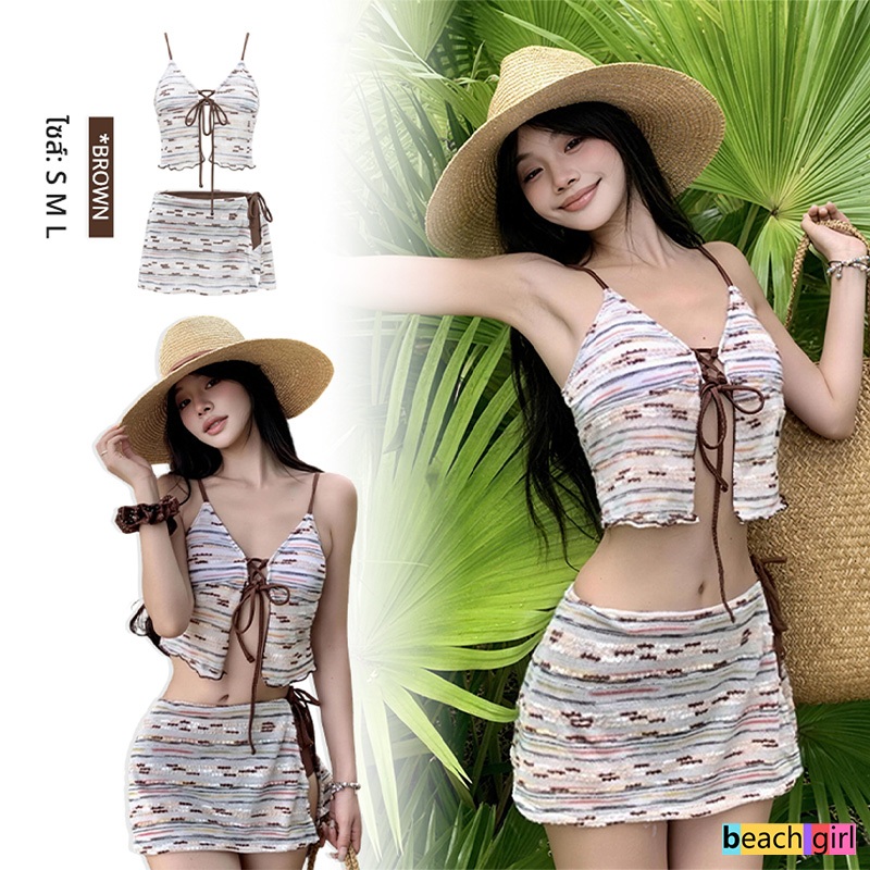 🌈beach girl🌈ชุดว่ายน้ําผู้หญิง ชุดสามชิ้น ชุดไปทะเล คอวี ดีไซน์ที่เป็นเอกลักษณ์ คุณภาพสูง มีฟองน้ำ ส่งไวจากไทย