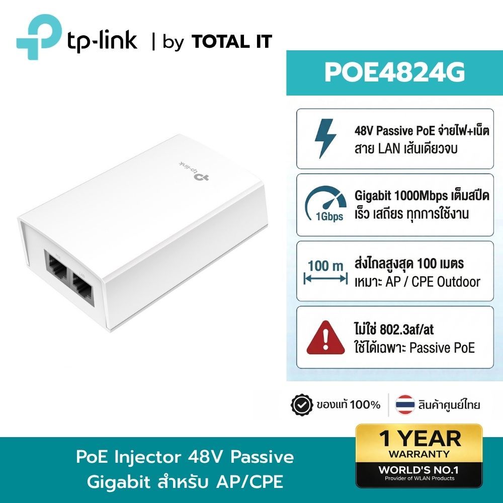 TP-Link POE4824G | ตัวแปลงไฟ Passive PoE 48V 24W | Gigabit Port ทนทาน เสียบใช้งานได้ทันที