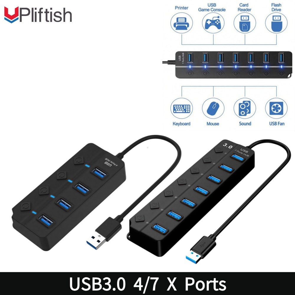 Upliftish อะแดปเตอร์ฮับ USB 3.0 4/7 พอร์ต USB 3.0 หลายพอร์ต แบบพกพา พร้อมสวิตช์แยก LED แปลงข้อมูล 5Gbps