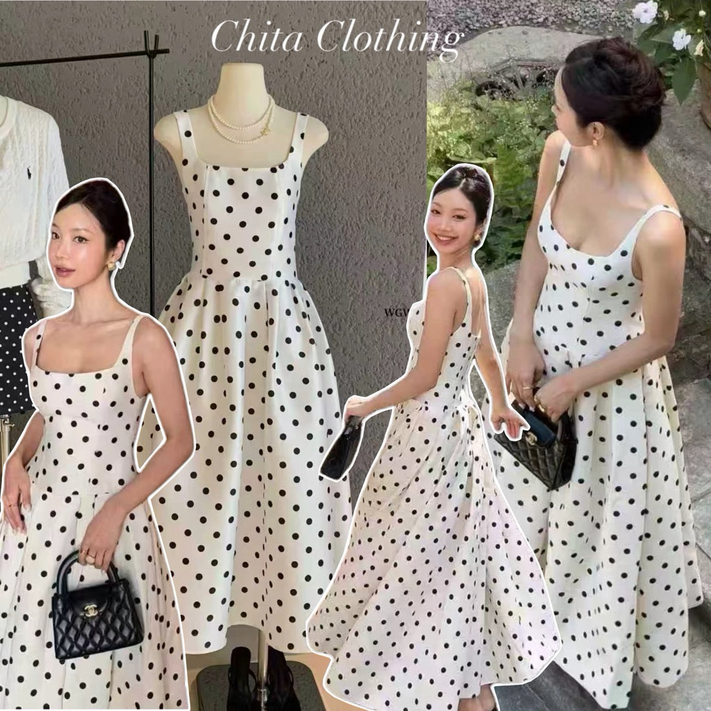 📍พร้อมส่ง📍6958 เดรสยาวคอเหลี่ยม ลาย polka dot งานซิปหลัง เนื้อผ้าดี มีซับใน ทรงสวย  TAG:WG.WE 🇰🇷
