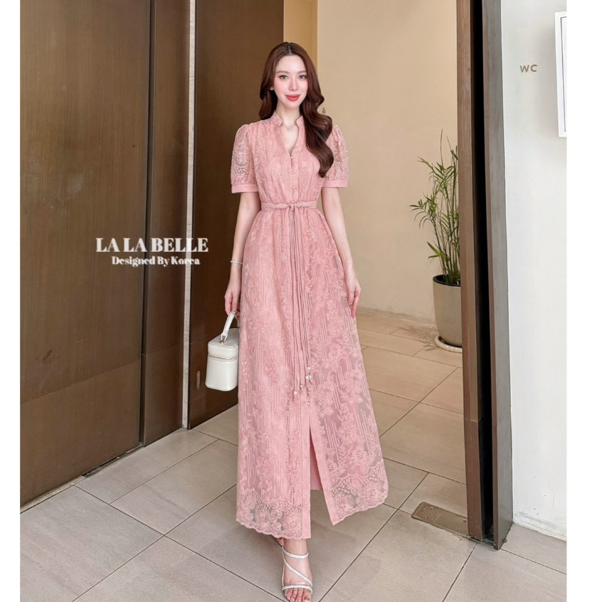LA LA BELLE เดรสลูกไม้ทั้งตัว สีชมพู