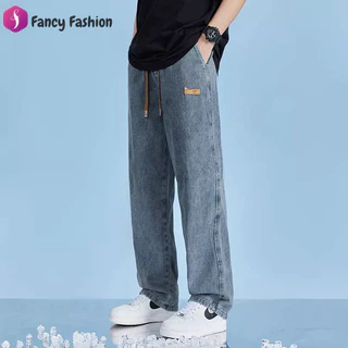 Fancy Fashion กางเกงยีนส์ยาวชาย ทรงกระบอกเอวสูง ใส่สบาย เอวยางยืด ปรับเอวด้วยเชือก เท่ๆเข้ากับทุกแนว