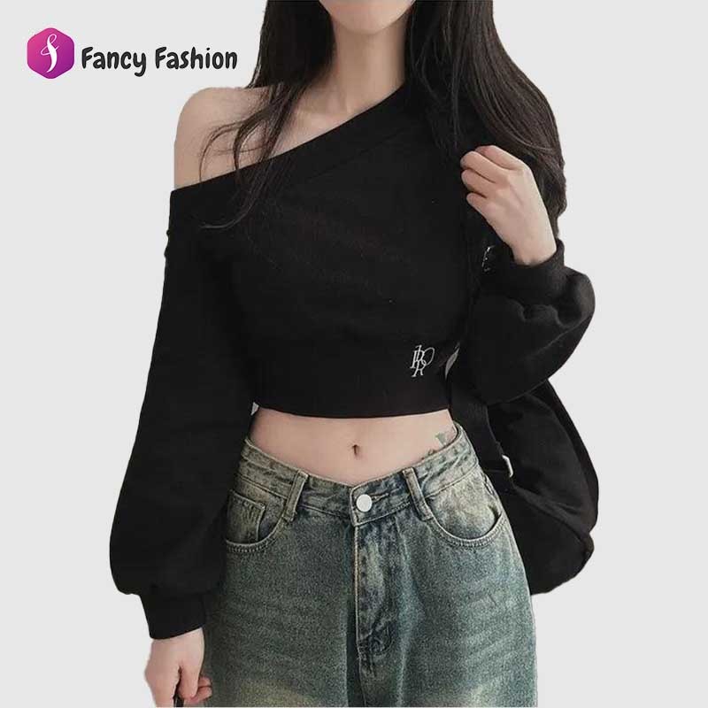 Fancy เสื้อสเวตเตอร์บาง, ปลอกคอแนวทแยงผิดปกติ, ปิดไหล่, เอวพอดีตัว, อเนกประสงค์,เสื้อผ้าผู้หญิงเลดี้
