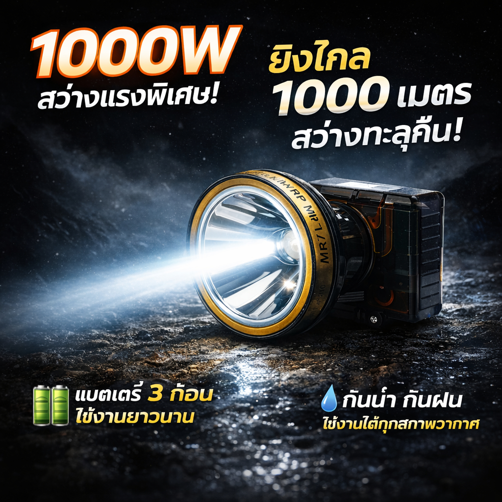 ไฟฉายคาดหัว 1000W แบต 3 ก้อน กันน้ำ ไฟแรง ใช้งานกลางคืน