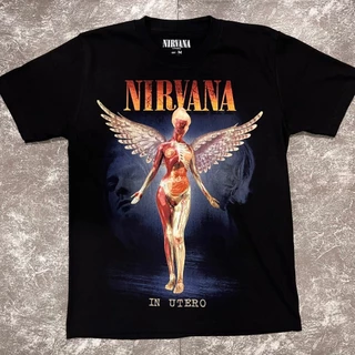 เสื้อยืดผ้าฟอก-ผ้าดำ Nirvanaนางฟ้า(Rockteeเรืองแสง) ผ้าCotton100