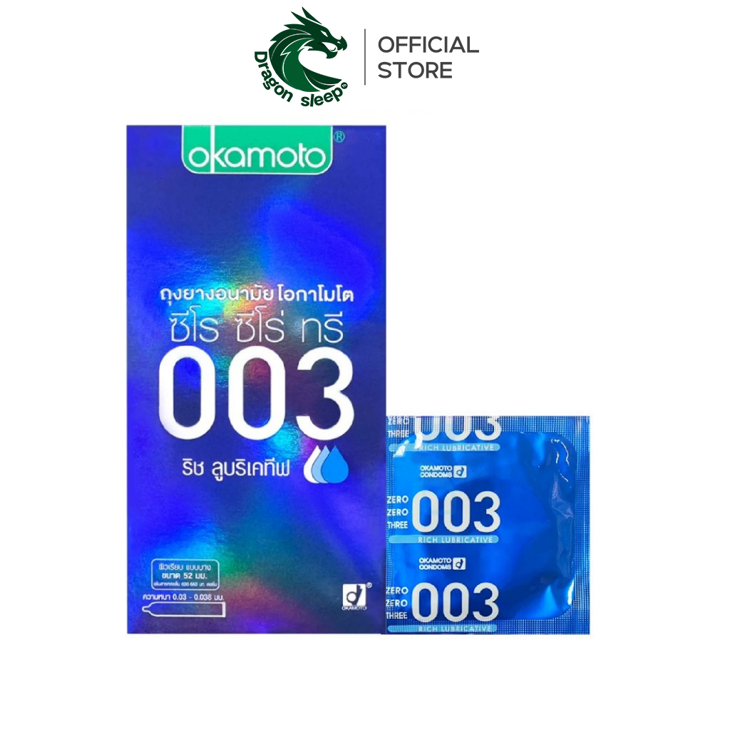 Okamoto ถุงยางอนามัย 003 รุ่น Rich สารหล่อลื่นแบบ Oil ปริมาณ 600-660 มก. ชนิดเรียบ บางพิเศษ ไซส์ 52