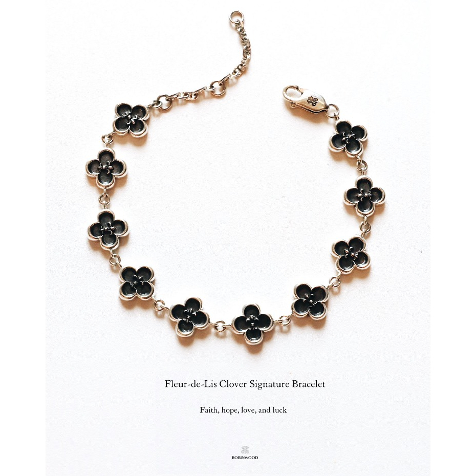 สร้อยข้อมือเงินเเท้สีดำเงิน Fleur-De-Lis Clover Black Signature Bracelet, RobinWood