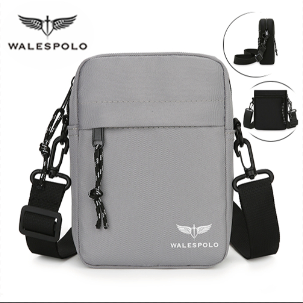 WALESPOLO กระเป๋าผู้ชายสุดคุ้ม กระเป๋าสะพายข้างผู้ชาย ทรงตั้งกะทัดรัด ผ้าแคนวาสสายปรับได้ ใส่มือถือไปทำงานเดินทางทุกวัน