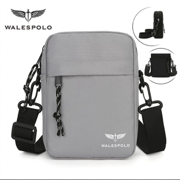 WALESPOLO กระเป๋าผู้ชายสุดคุ้ม กระเป๋าสะพายข้างผู้ชาย ทรงตั้งกะทัดรัด ผ้าแคนวาสสายปรับได้ ใส่มือถือไปทำงานเดินทางทุกวัน