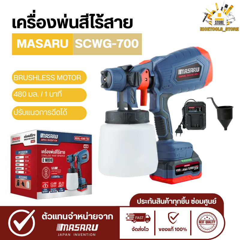 กาพ่นสีไร้สายพร้อมแบตเตอรี่ MASARU SCWG-700 20V จุได้ถึง 1000ml ที่พ่นสี รุ่นใช้งานง่าย พกพาสะดวก