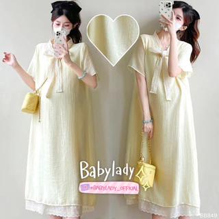 [BB 849] ชุดคลุมท้อง | BABYLADY ♡ - ผ้าคอตตอนพิมพ์ลาย ลูกไม้คอผูกโบว์ ชายลูกไม้ มีซับใน