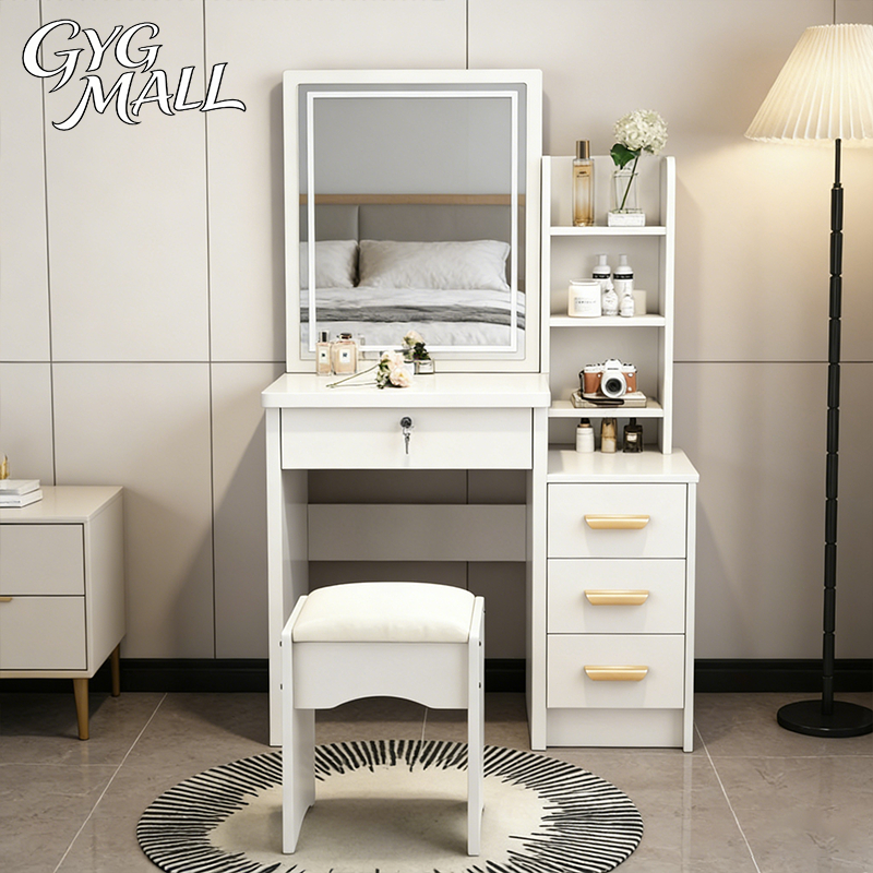 GYG โต๊ะเครื่องแป้ง โต๊ะแต่งหน้า กระจก LED 3 สี เคลื่อนย้ายได้ วางเครื่องสำอางได้ สไตล์มินิมอล