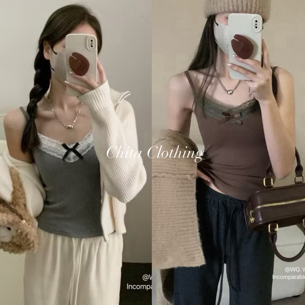 📍พร้อมส่ง📍7100 เสื้อสายเดี่ยวลูกไม้ช่วงอก เนื้อผ้ายืดหยุ่นได้เยอะ TAG:WG.WE 🇰🇷