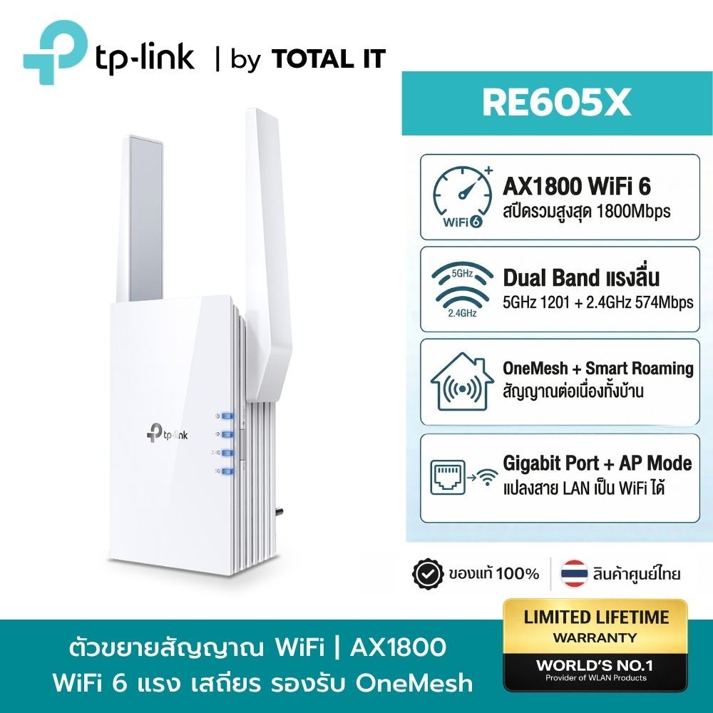 ตัวขยายสัญญาณ WiFi TP-Link RE605X AX1800 WiFi6 Dual Band OneMesh Gigabit Port สัญญาณแรงทั่วบ้าน