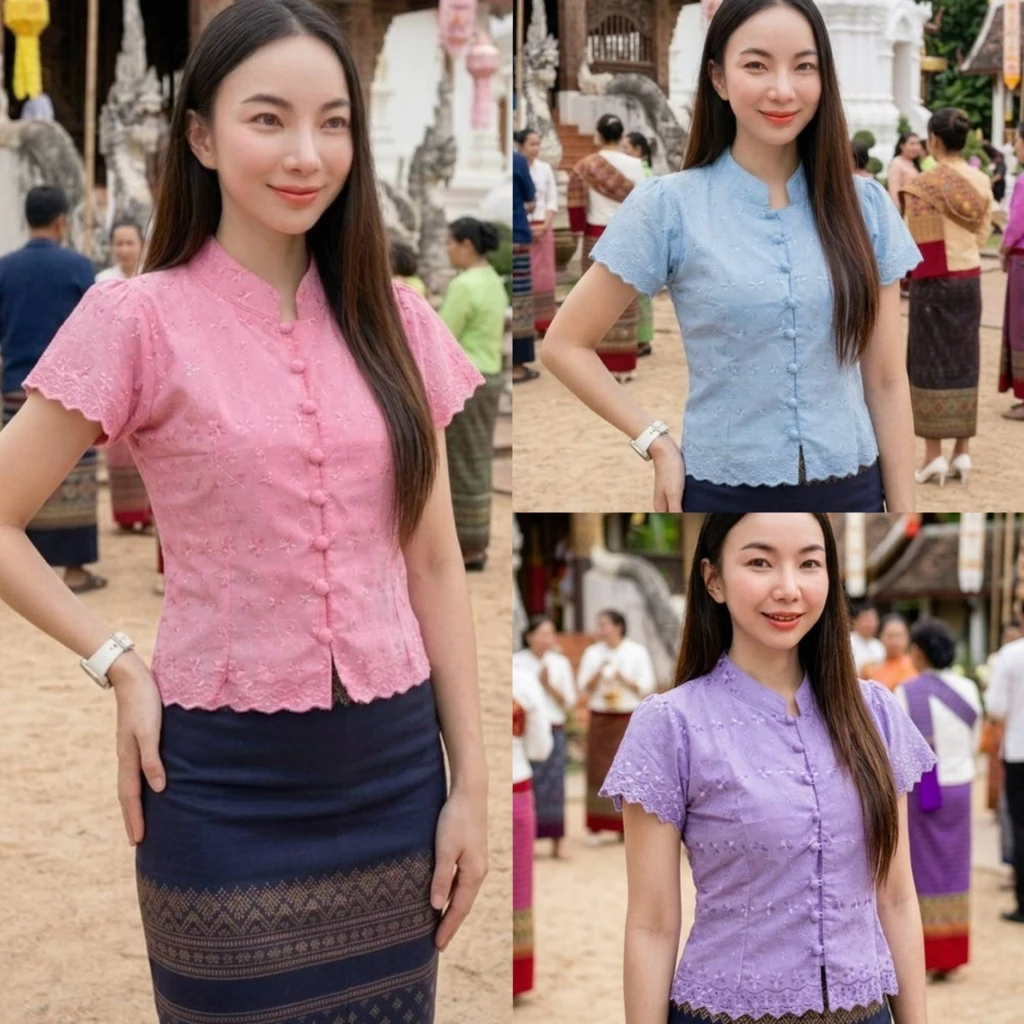 เสื้อลูกไม้มอญ คอจิตลดา #เสื้อลูกไม้
