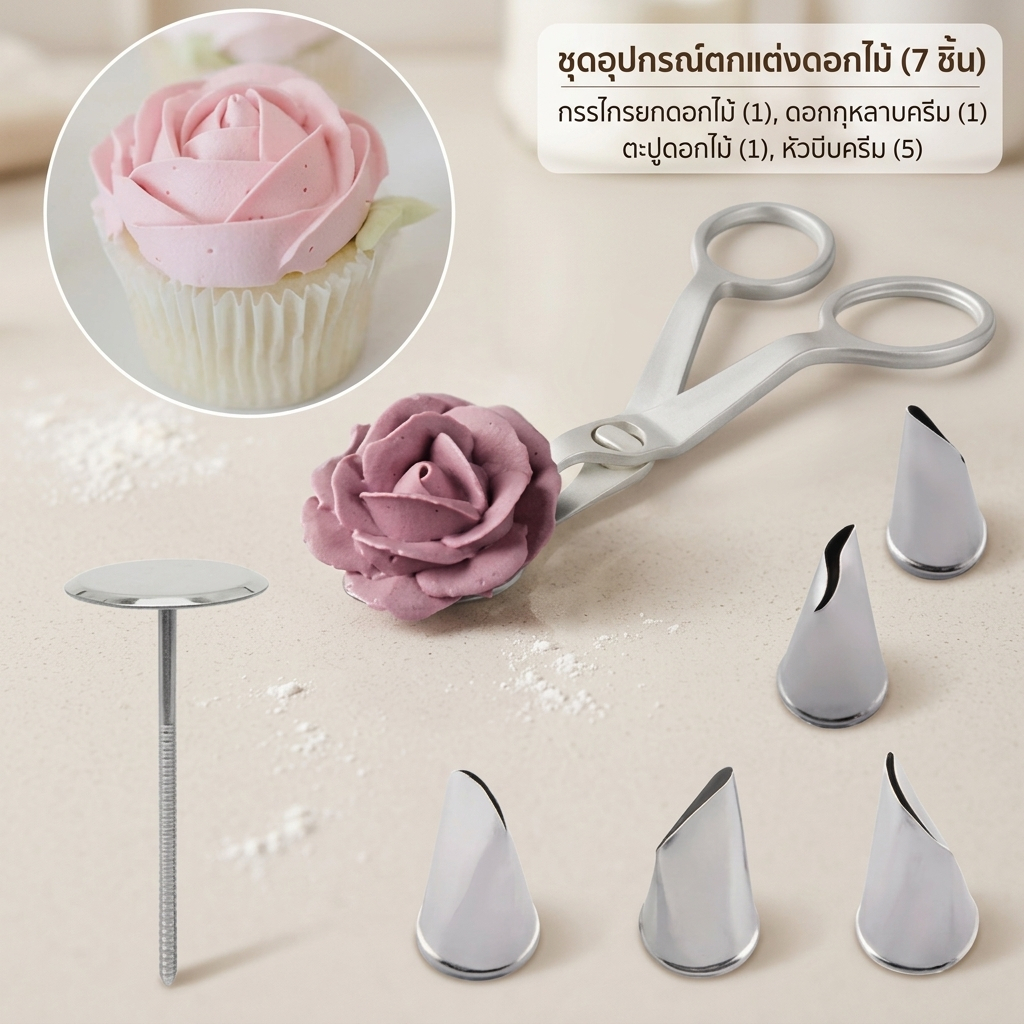 ชุดหัวบีบครีม 7 ชิ้น เค้กอบชุดตกแต่ง เครื่องมือทำขนมหวาน DIY สำหรับบ้านและร้านค้า