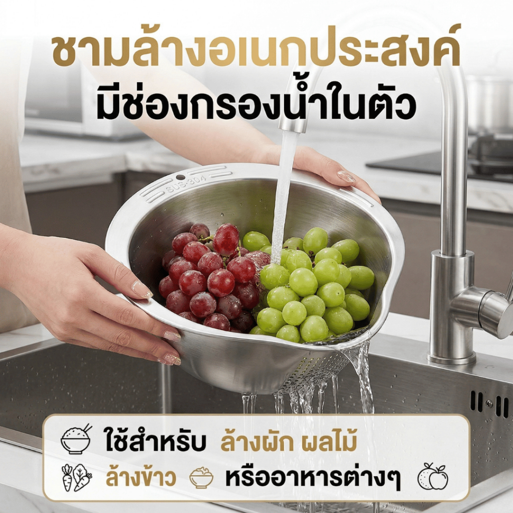ชามล้างอเนกประสงค์ มีช่องกรองน้ำในตัว วัสดุสแตนเลส หนา ทนทาน ไม่เป็นสนิม ใช้สำหรับ ล้างผัก ผลไม้ ล้างข้าว หรืออาหารต่างๆ
