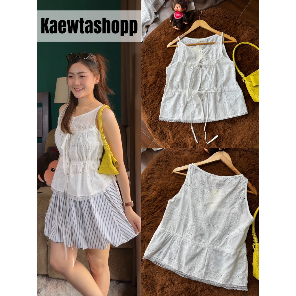 ป้าย Maikaew เสื้อ แขนกุด ลูกไม้ ฉลุ งานน่ารัก สายเกา กระดุมหน้า เอวรูดได้ kaewtashop งานถ่ายจากสินค้าจริง