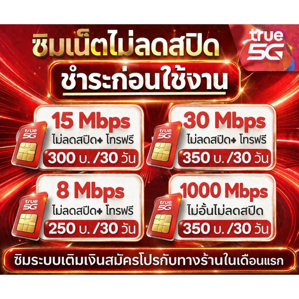 ซิม ทรูTRUE เน็ต 8-30Mbps ไม่อั้นไม่ลดสปีด+โทรฟรีทุกค่ายพียง250บาท/เดือนจำนวน 1 ซิม/ 1 คำสั่งซื้อ