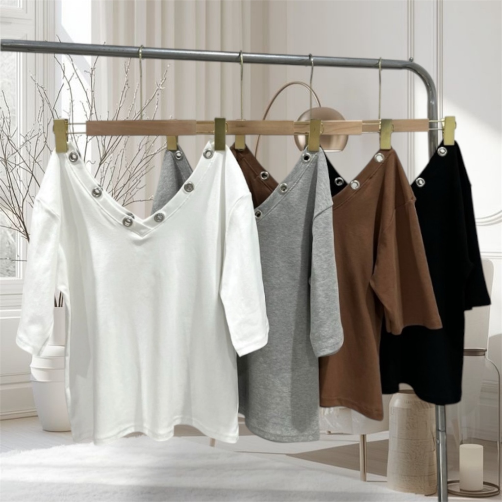 V19-เสื้อยืดคอวี Oversize แขน 3 ส่วน