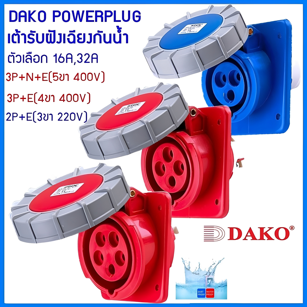 DAKO POWERPLUG พาวเวอร์ปลั๊กเต้ารับเฉียงกันน้ำ IP67 16Aและ32A 3ขา 4ขา 5ขา(HTN-3131, 3231, 3141, 3241