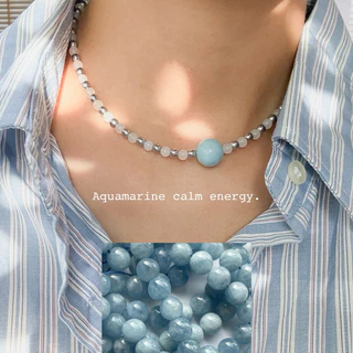 “Ocean Whisper” Aquamarine Necklace 💙 สร้อยคอหินอะความารีน + เฮมาไทน์ | Minimal Luxury | Unisex | พร้อมส่ง
