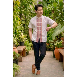 เสื้อผ้าไทยพื้นเมืองชาย ผ้าฝ้ายพื้นเมืองคอจีนแต่งเชือกแขนสั้นใส่ออกงานใส่ทำงานอก 40,42,44,46,48,50,52,54,56