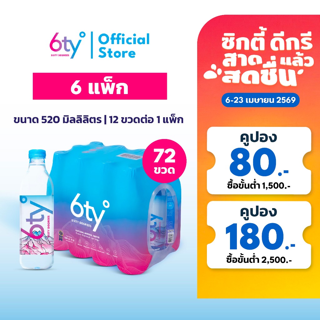 [ส่งฟรี] 520ml 6 แพ็ก 72 ขวด นํ้าแร่ 6ty Degrees Mineral Water น้ำแร่ธรรมชาติ 100% จากแหล่งน้ำแร่เชียงดาว