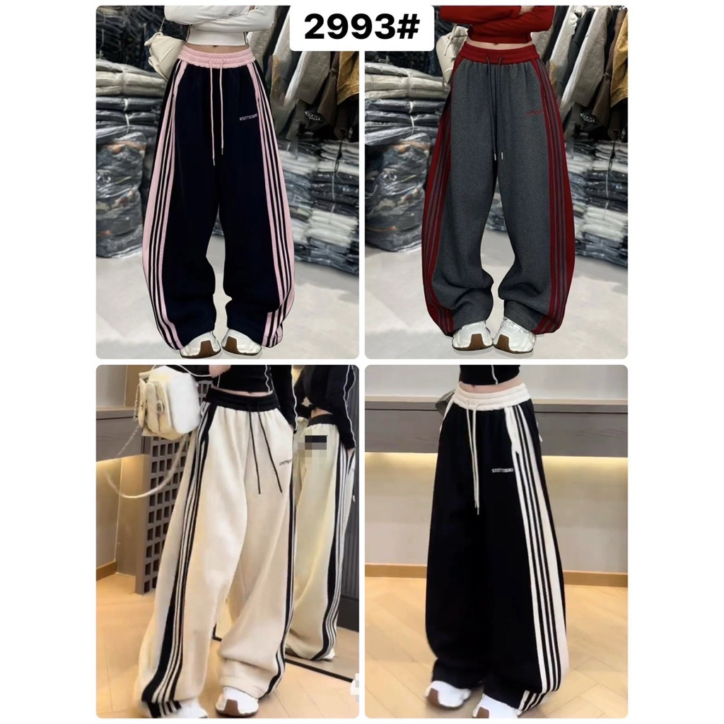 2993# กางเกงวอร์มขายาวเทพ แต่งแถบขอบเอวตัดสี เนื้อนุ่ม ทรงเบกกี้วอร์มนาโน เอว24-30นิ้ว