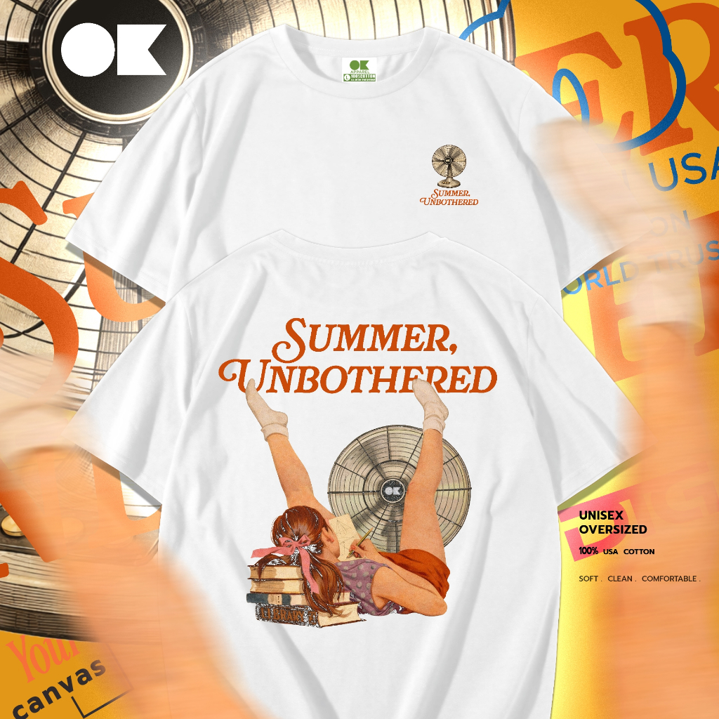 OK Apparel เสื้อยืดคอกลมแขนสั้น ลาย พัดลม  Oversize Cotton ⚡️USAคุ้มสุด!⚡️